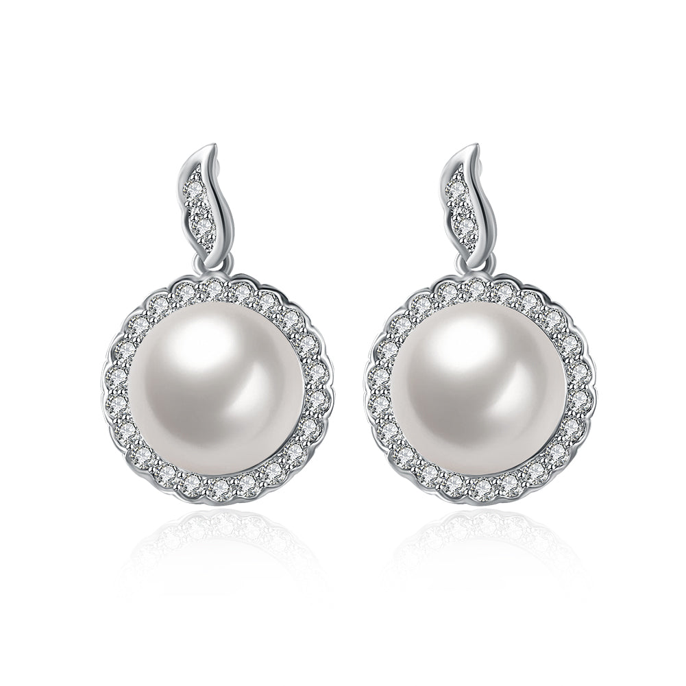 Halo Pave Freshwater Pearl Stud in 18K White Gold Plated with Crystals
