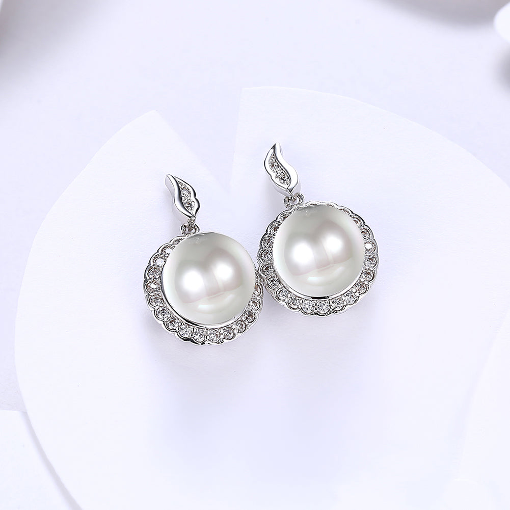 Halo Pave Freshwater Pearl Stud in 18K White Gold Plated with Crystals
