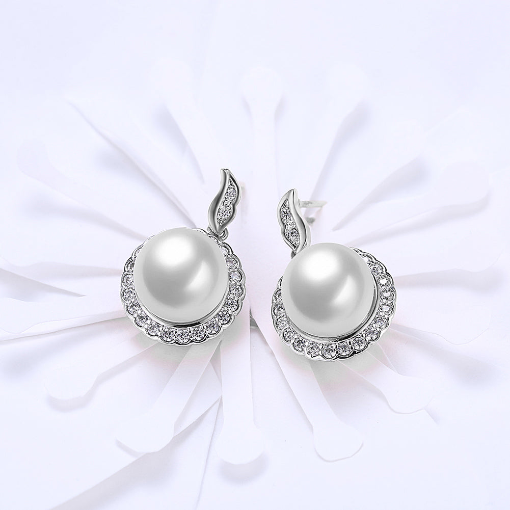 Halo Pave Freshwater Pearl Stud in 18K White Gold Plated with Crystals