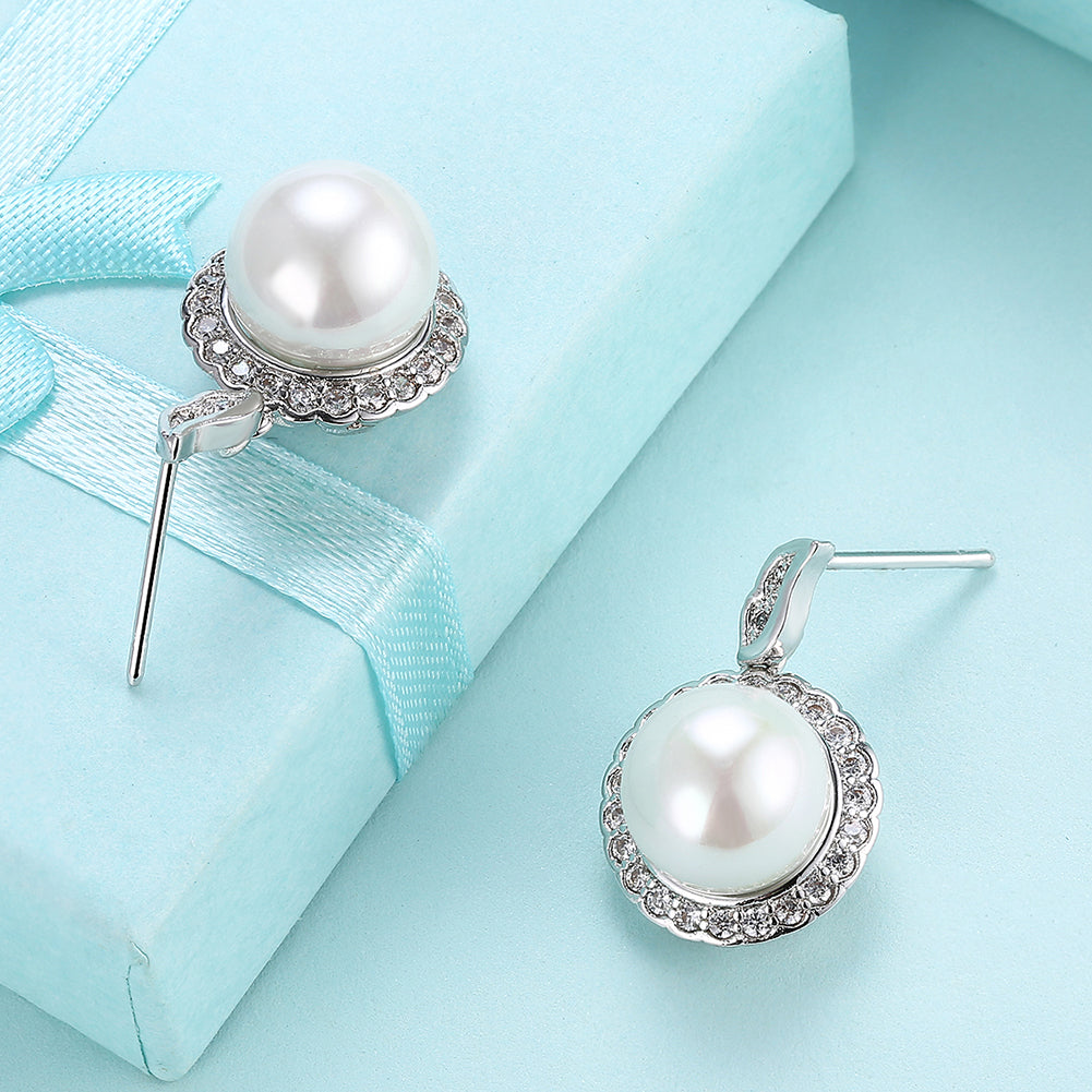 Halo Pave Freshwater Pearl Stud in 18K White Gold Plated with Crystals