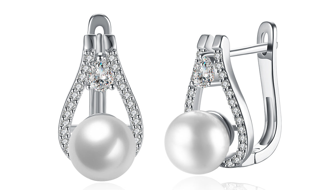 14K White Gold Plating Elements Pav'e Freshwater Pearl Pear Cut Clip On Earrings