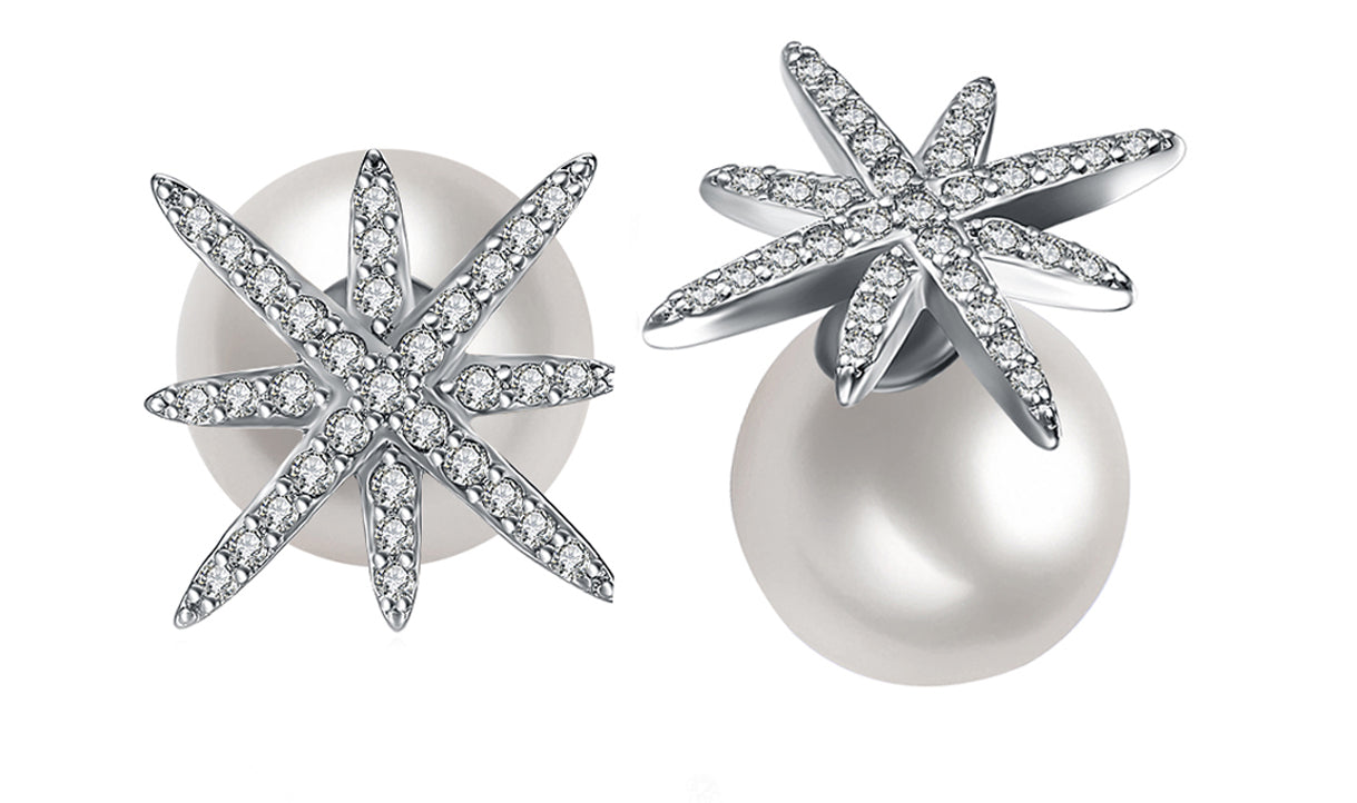 Freshwater Pearl Elements Pav'e Starburst Studs in 14K White Gold Plating