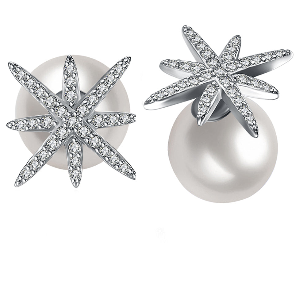 Starburst Freshwater Pearl Double Stud Earring in 18K White Gold Plated with Crystals