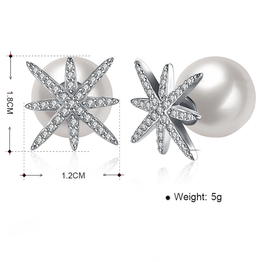 Starburst Freshwater Pearl Double Stud Earring in 18K White Gold Plated with Crystals