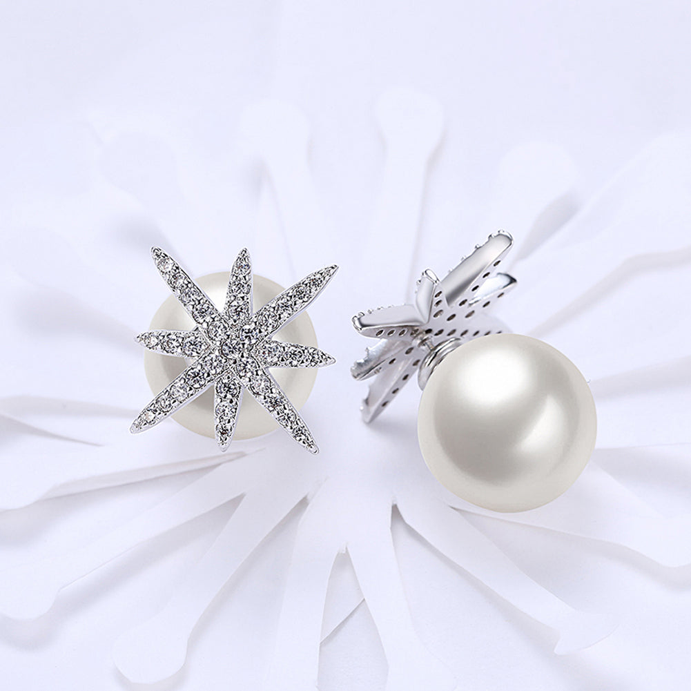 Starburst Freshwater Pearl Double Stud Earring in 18K White Gold Plated with Crystals