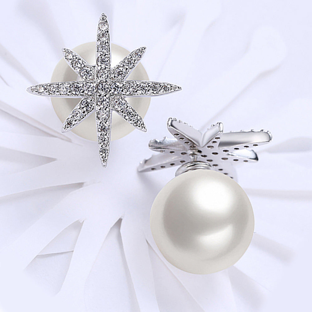 Starburst Freshwater Pearl Double Stud Earring in 18K White Gold Plated with Crystals