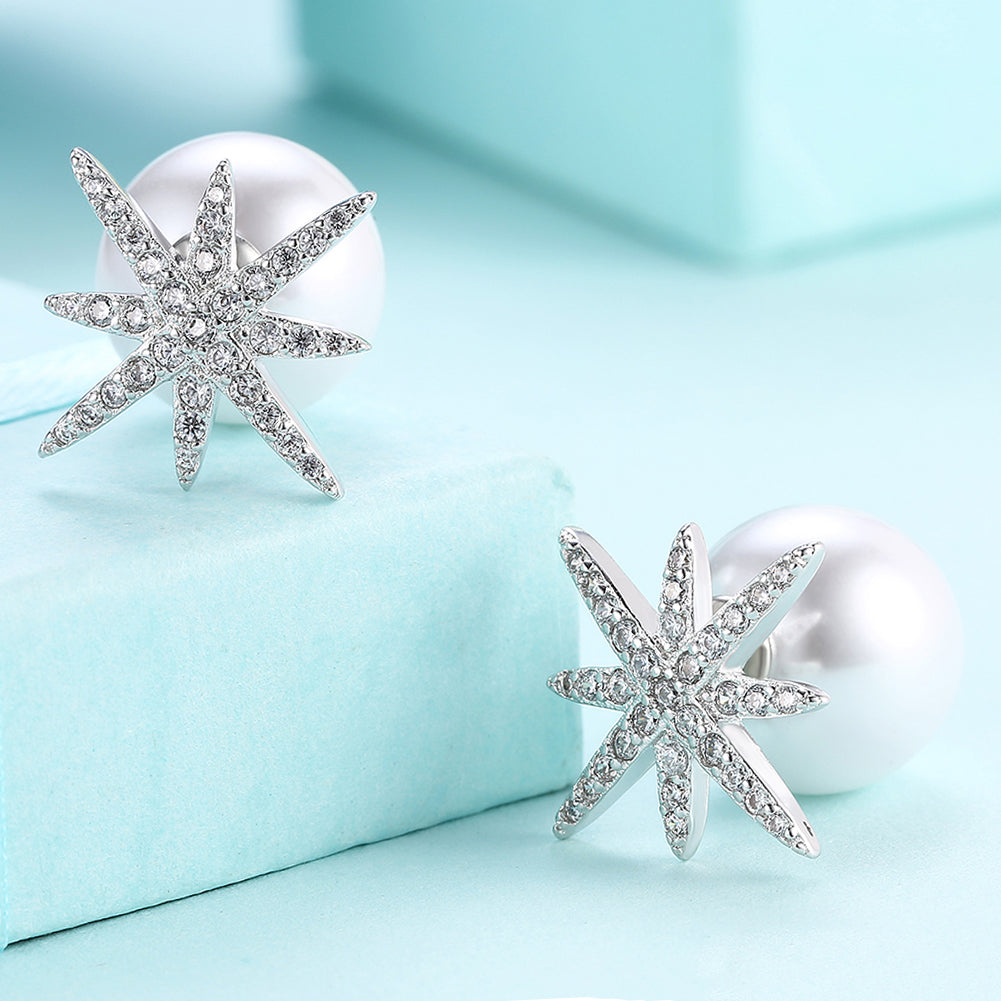 Starburst Freshwater Pearl Double Stud Earring in 18K White Gold Plated with Crystals