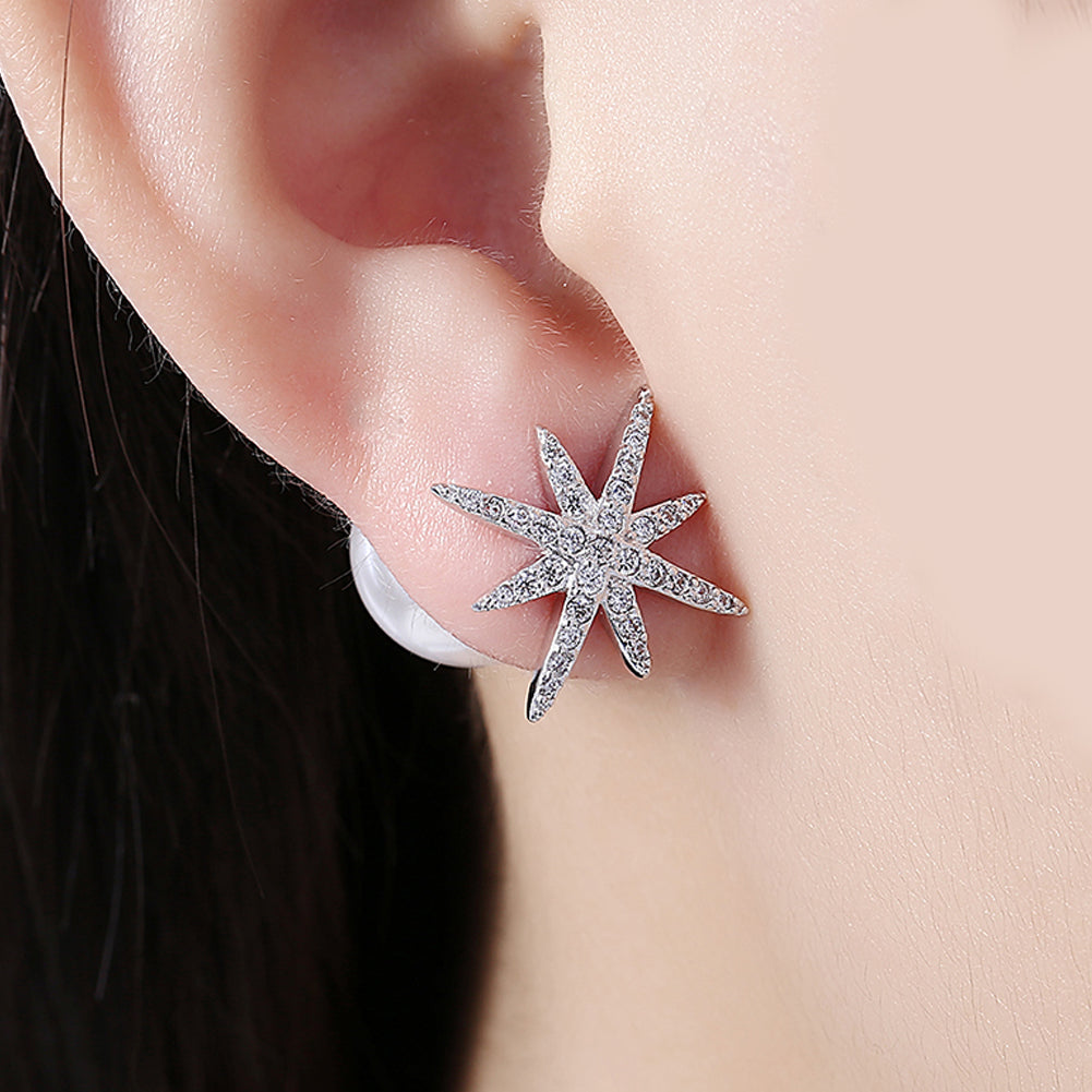 Starburst Freshwater Pearl Double Stud Earring in 18K White Gold Plated with Crystals