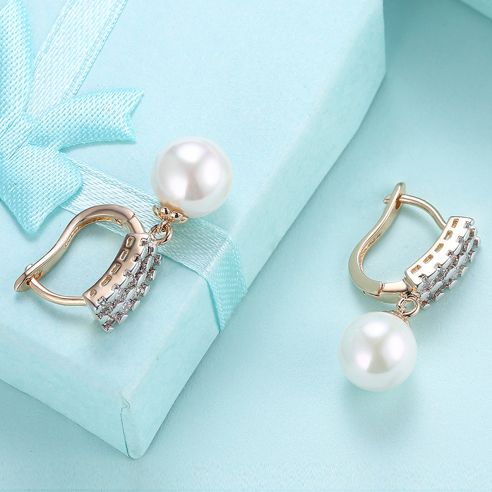 Double Row Freshwater Pearl Drop Huggie Earring in 18K Gold Plated with Crystals