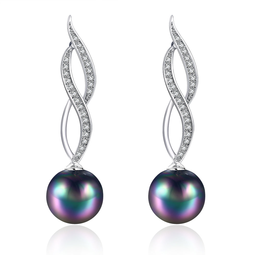 Akoya Pearl Swirl Drop Earring in 18K White Gold Plated with Crystals