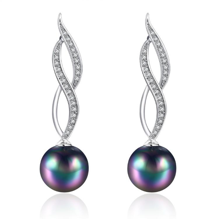 Micro Pav'e Simulated Dimaond Curved Inception Akoya Pearl Dangling Earrings Set in 18K White Gold - ALILY