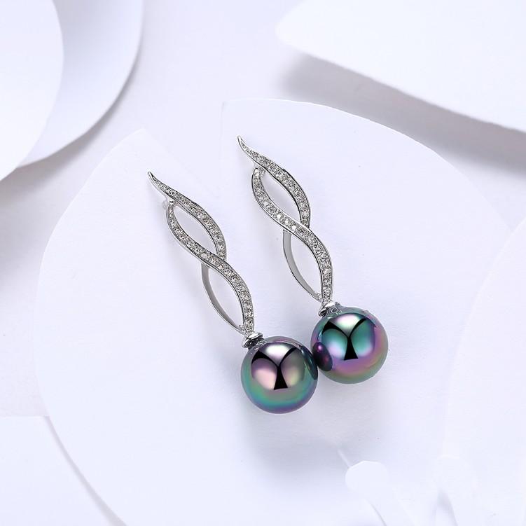 Micro Pav'e Simulated Dimaond Curved Inception Akoya Pearl Dangling Earrings Set in 18K White Gold - ALILY