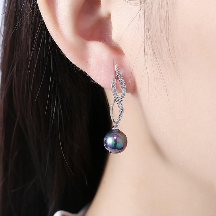 Micro Pav'e Simulated Dimaond Curved Inception Akoya Pearl Dangling Earrings Set in 18K White Gold - ALILY