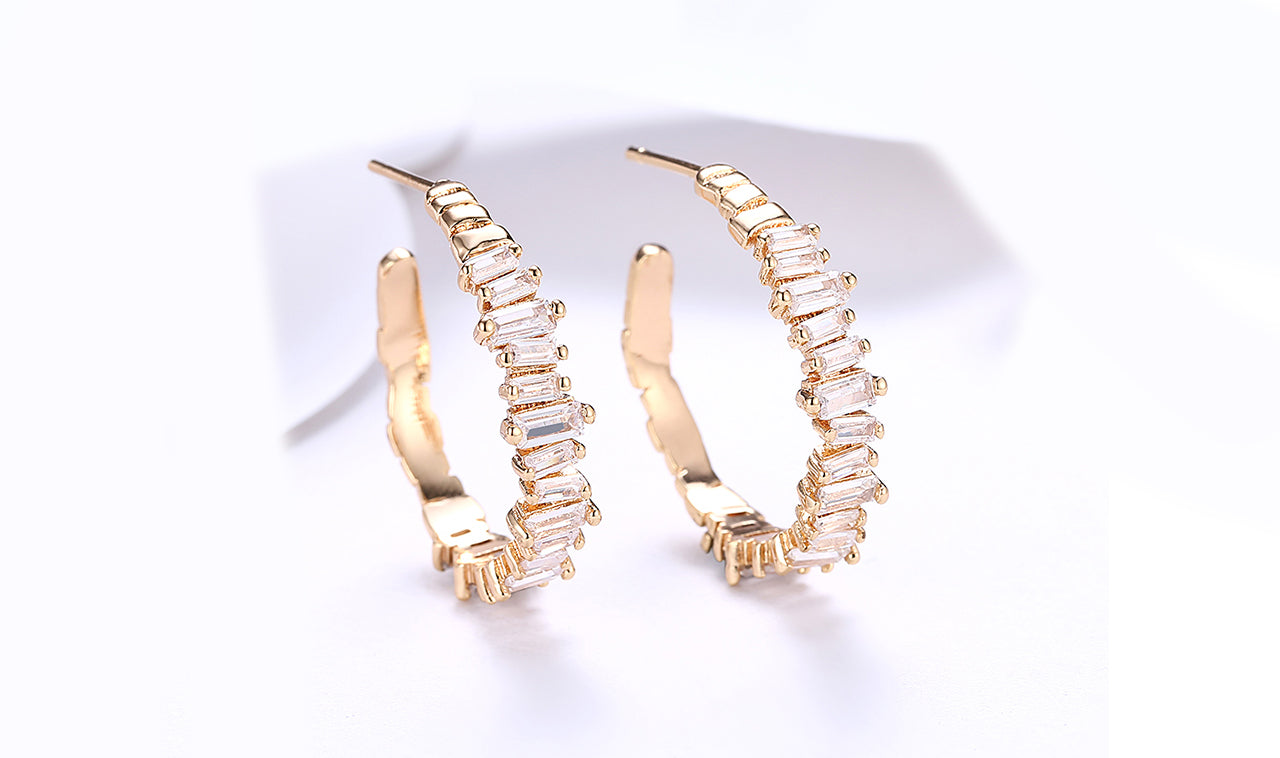14K Gold Plating Emerald Cut Asymmetrical Elements Earrings