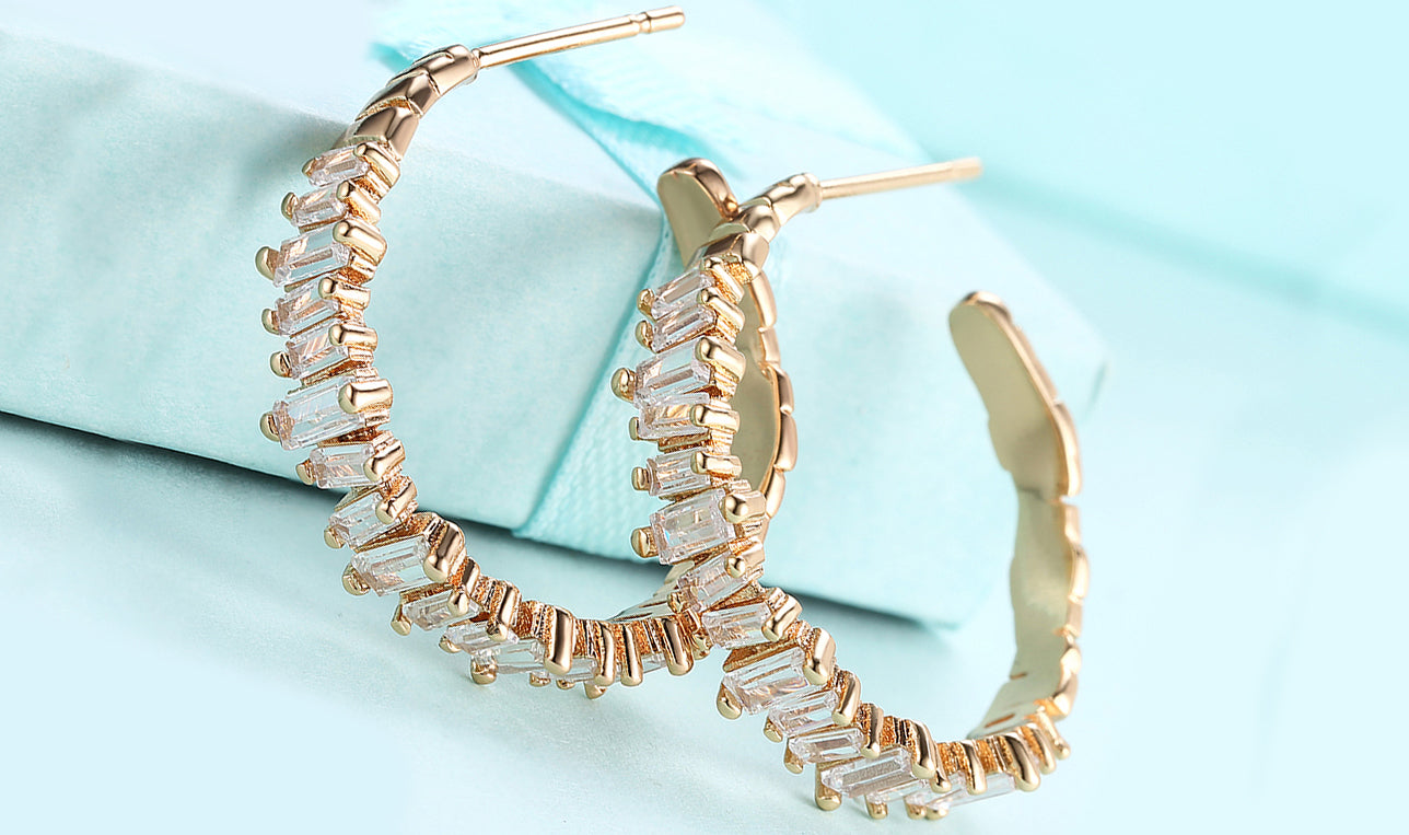 14K Gold Plating Emerald Cut Asymmetrical Elements Earrings
