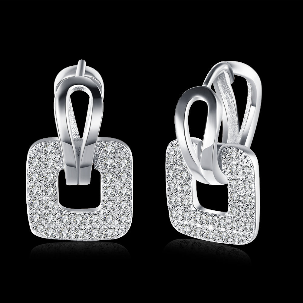 Pave Sqaure Huggie Earring in 18K White Gold Plated