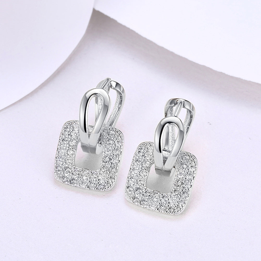 Pave Sqaure Huggie Earring in 18K White Gold Plated