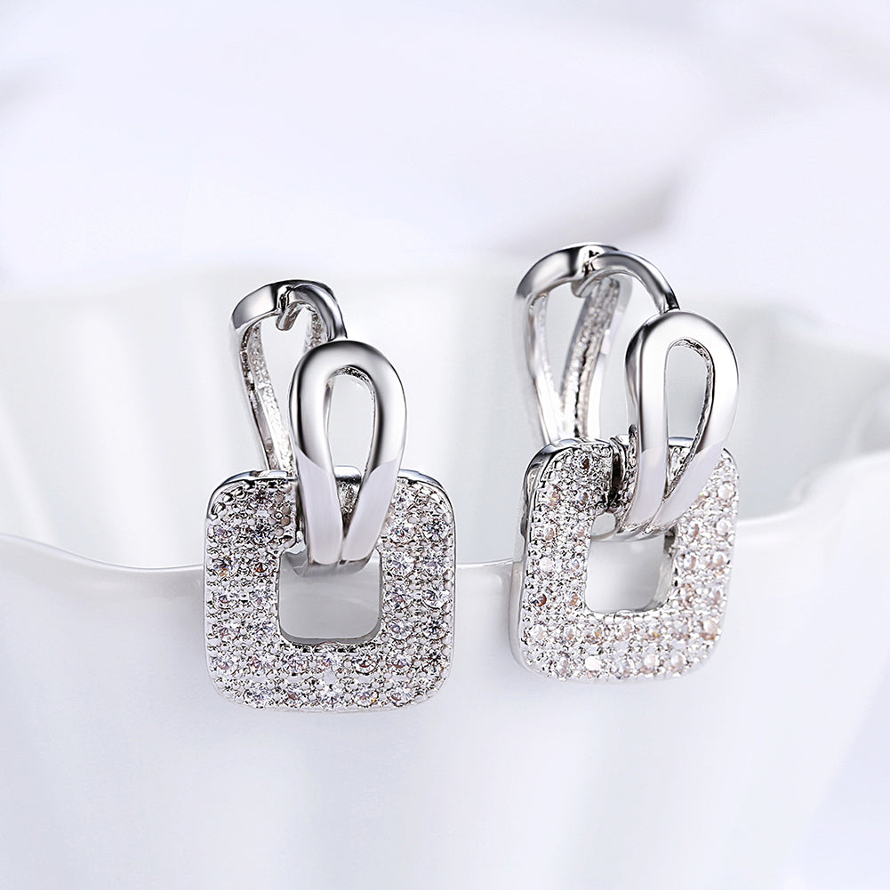 Pave Sqaure Huggie Earring in 18K White Gold Plated