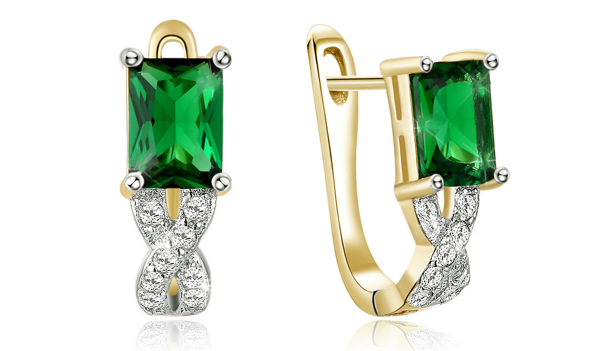 14K Gold Plating Emerald Cut Green Elements Twisted Pav'e Lever back Earrings