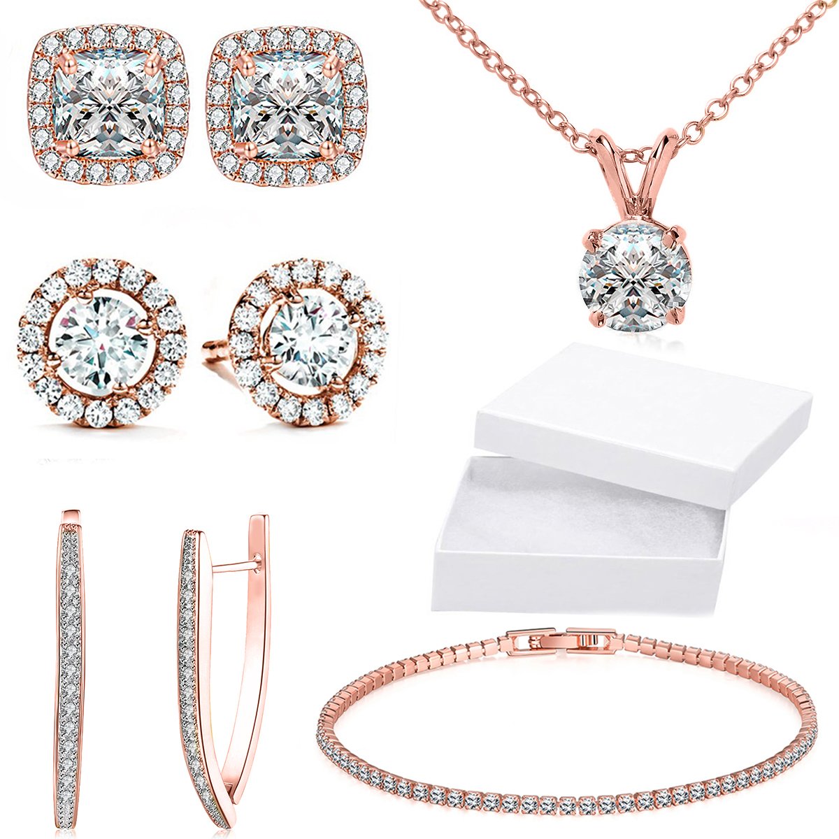 10Ct Tennis Bracelet + Halo Earring+ Necklace With Crystals - 5 Piece Set with Luxe Box - 18K Rose Gold