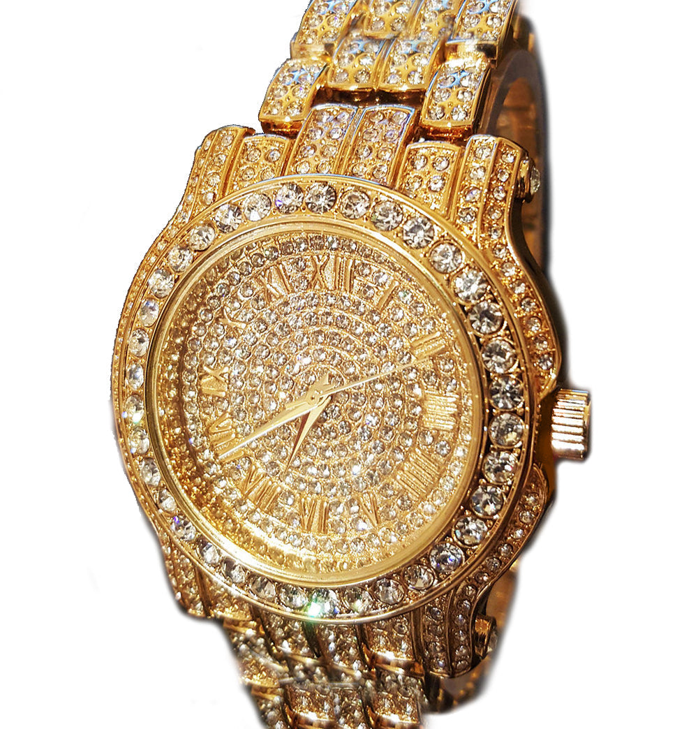 Stainless Steel 18K GOLD Plated Pave Heavy Metal Band Watch - Iced Put Diamond Watch- Bling Hip Hop - ALILY