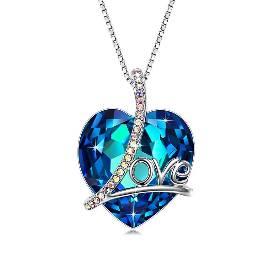 Crystals 5.00 Ct Bermuda Blue LOVE with AB Stones Necklace
