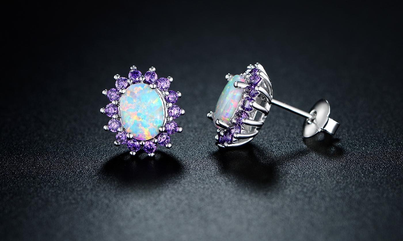 0.25 CTTW White Fire Opal and Amethyst Stud Earrings in 18K White Gold, Earring, ALILY , ALILY jewelryjewelry deals, swarovski crystal jewelry, groupon jewelry,, jewelry for mom,
