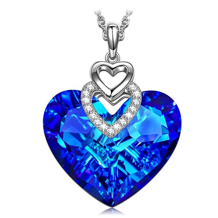 Crystals Bermuda Blue Pave Heart Drop Necklace