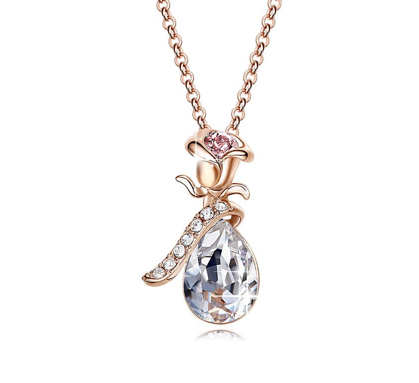 Crystals White Topaz Waterdrop with Pink Topaz Rose Necklace