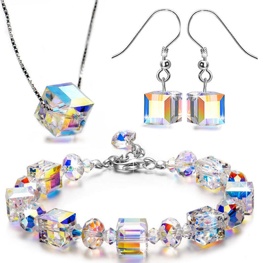 Aurora Borealis Magnificent Cube With Austrian Crystals - 3 Piece Set with Luxe Box