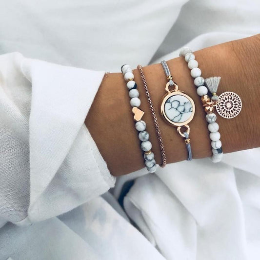 Marble Filligree Tassel Stretch 4PC Bracelet   - ALILY