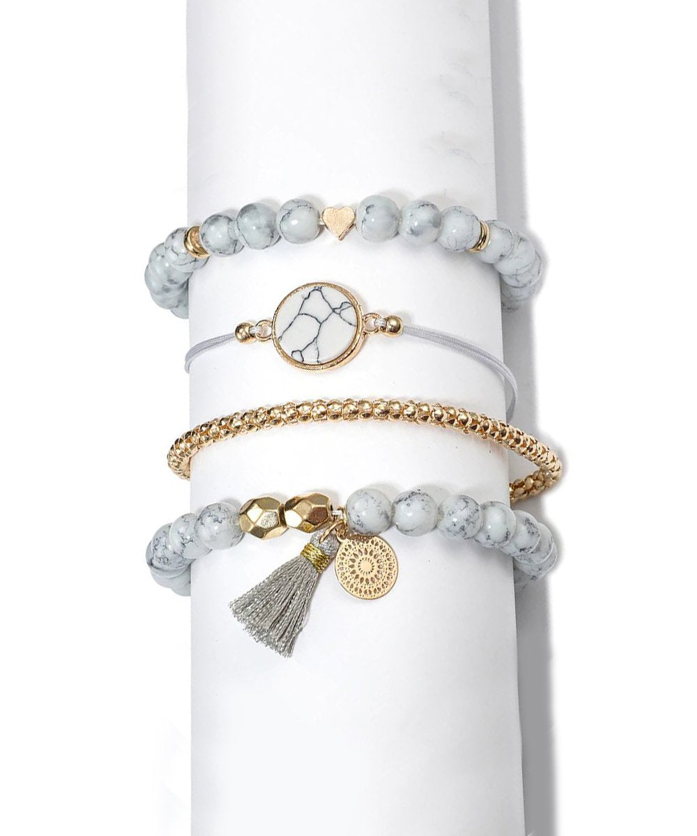 Marble Filligree Tassel Stretch 4PC Bracelet   - ALILY