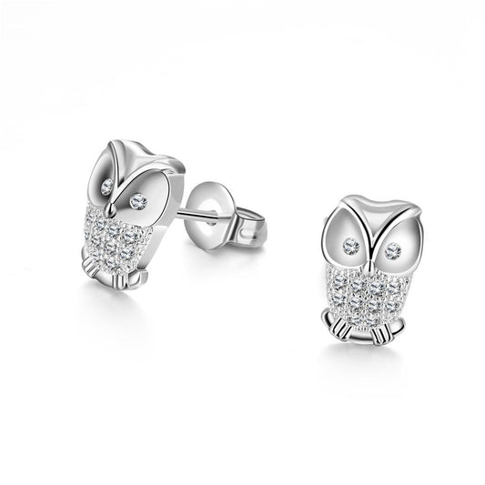 Elements Pav'e Owl Studs in 18K White Gold