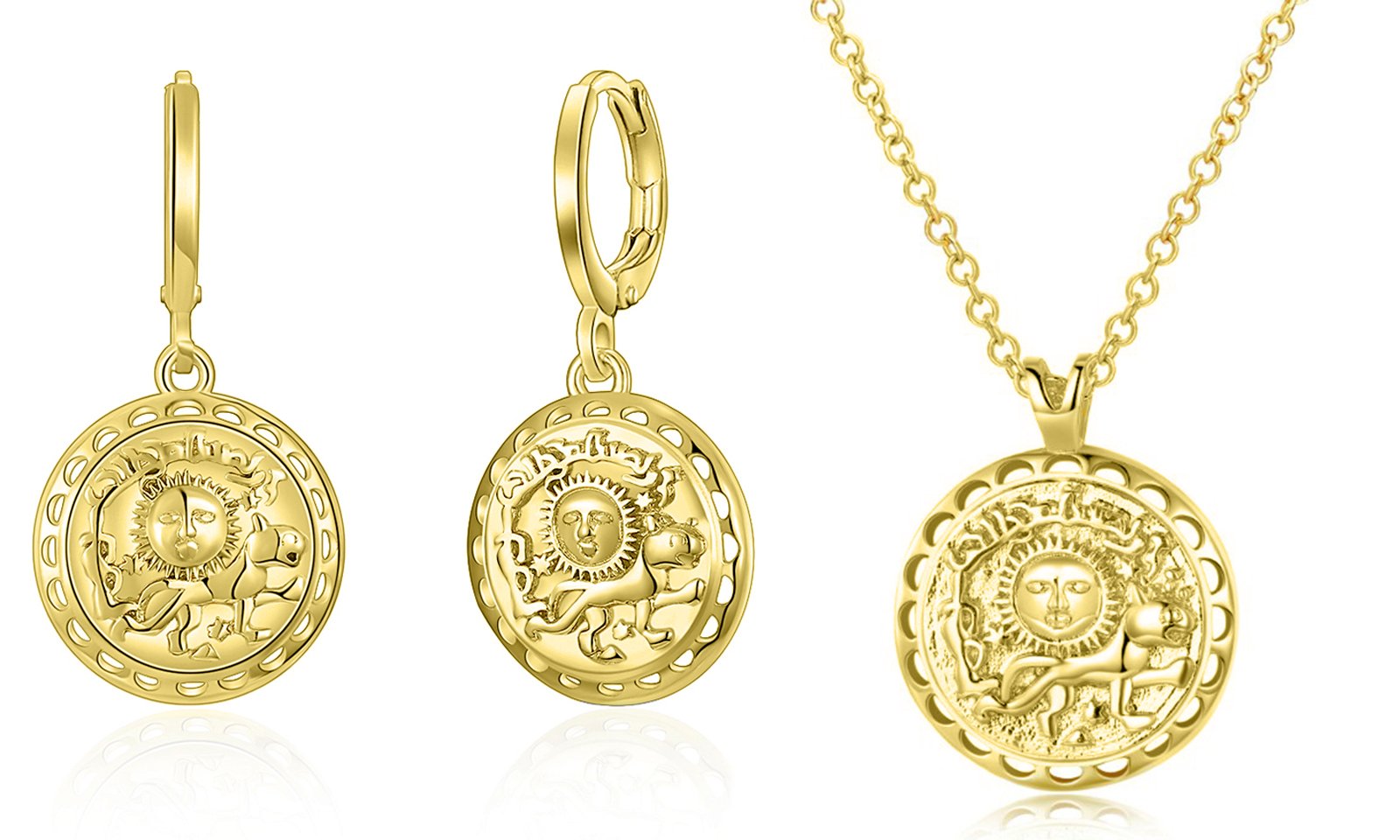 Roman Ingrain Medallion Earrings & Necklace Set in 18K Gold   - ALILY