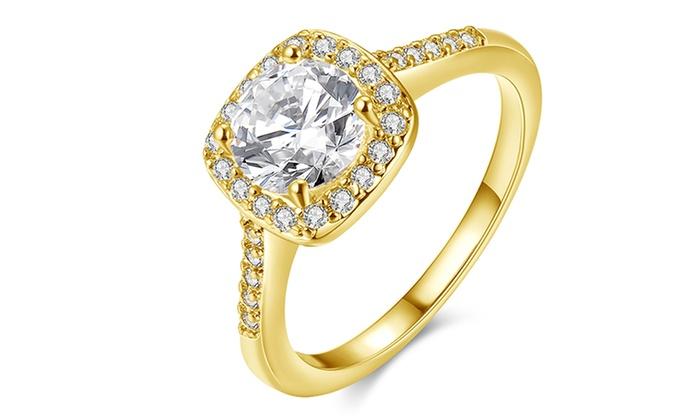18K Gold-Plated Halo Ring Made with Swarovski Elements with Free Swarovski Elements Studs, , ALILY , ALILY   jewelryjewelry deals, swarovski crystal jewelry, groupon jewelry,, jewelry for mom,