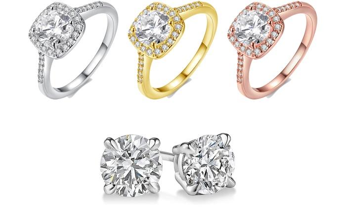 18K Gold-Plated Halo Ring Made with Swarovski Elements with Free Swarovski Elements Studs, , ALILY , ALILY   jewelryjewelry deals, swarovski crystal jewelry, groupon jewelry,, jewelry for mom,