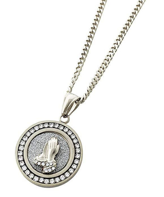 Pave Praying Hands Necklace Embellished with  Crystals in 18K White Gold Plated