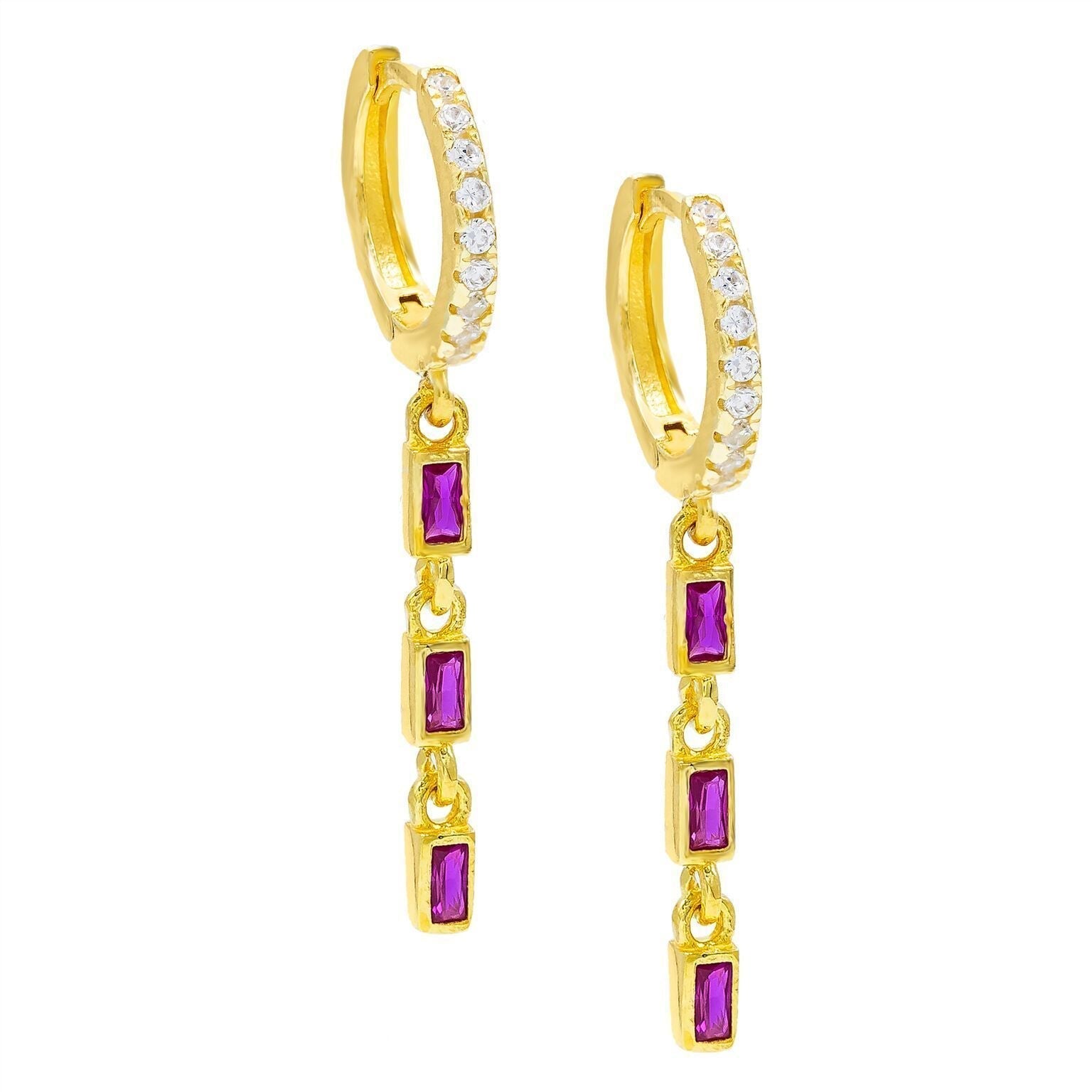 Simulated Gemstone Dangling Pav'e Clip On Earrings in 14K Gold - Four Options   - ALILY