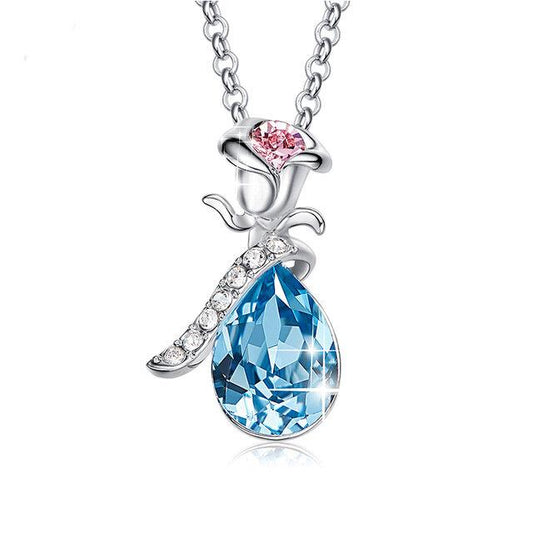 Crystals Aquamartine Waterdrop with Pink Topaz Rose  Necklace