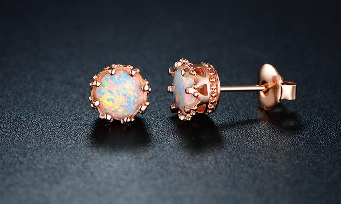 Fire Opal Crown Stud Earrings in 18K Rose Gold Plating, Earring, ALILY , ALILY   jewelryjewelry deals, swarovski crystal jewelry, groupon jewelry,, jewelry for mom,