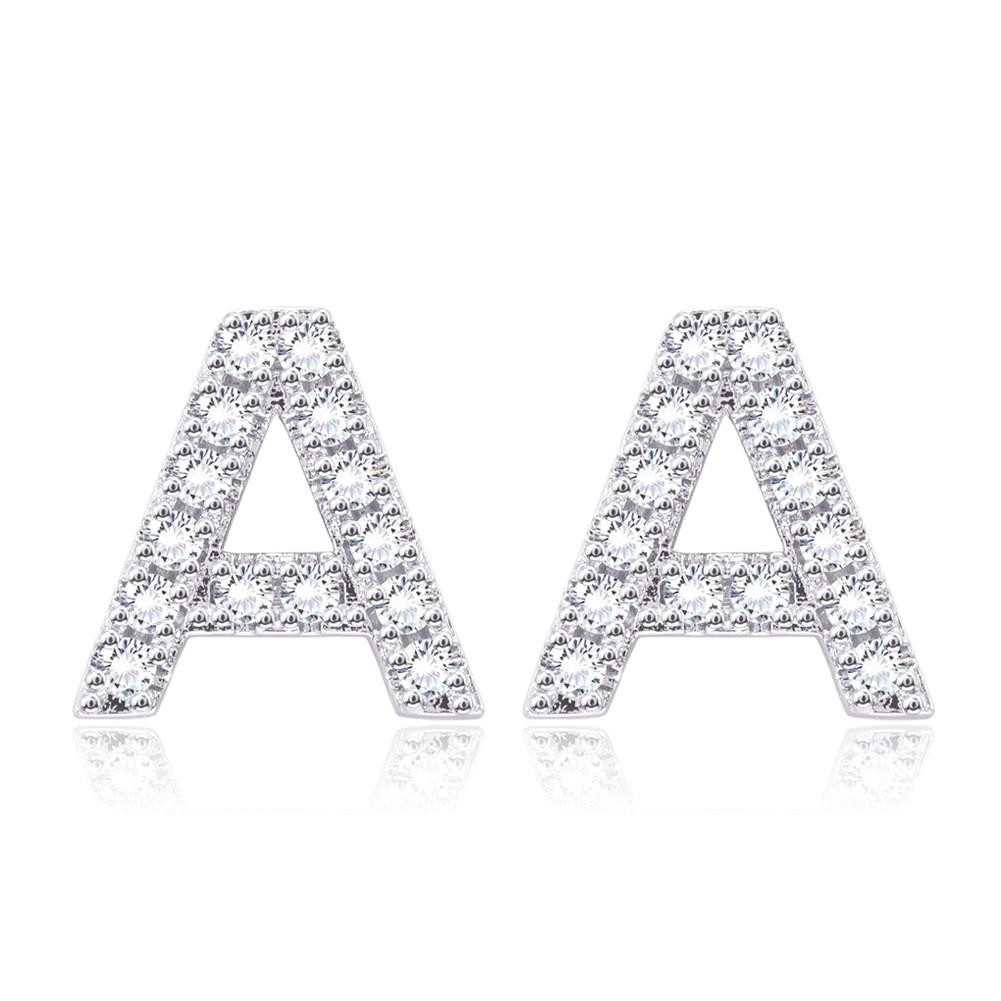 Crystals Pave Letter Stud Monogram Initial Earrings in 18K White Gold Filled