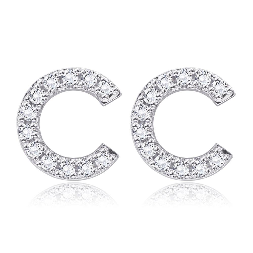 Crystals Pave Letter Stud Monogram Initial Earrings in 18K White Gold Filled