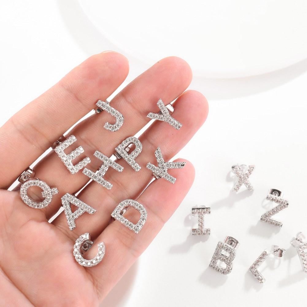 Crystals Pave Letter Stud Monogram Initial Earrings in 18K White Gold Filled