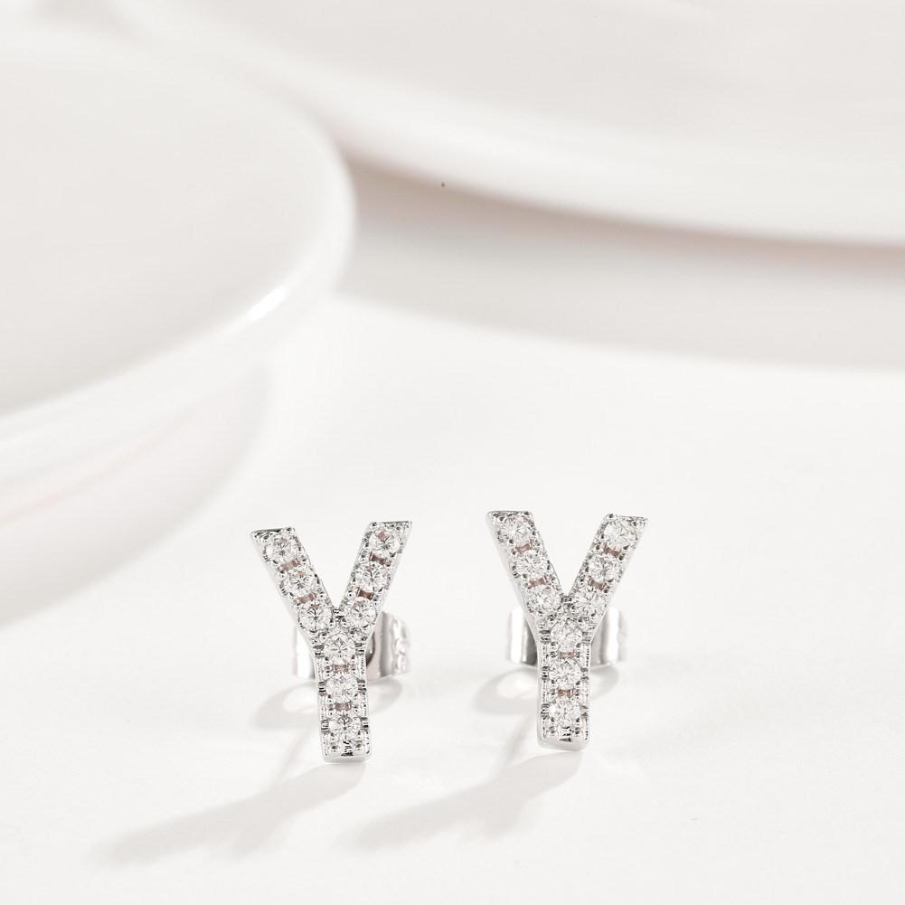 Crystals Pave Letter Stud Monogram Initial Earrings in 18K White Gold Filled