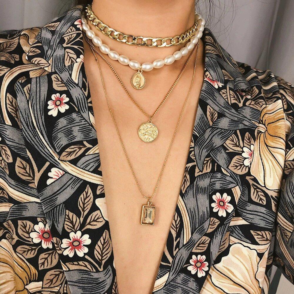 4 Piece Necklace Set: Choker, Pearl, Coin, Pendant   - ALILY