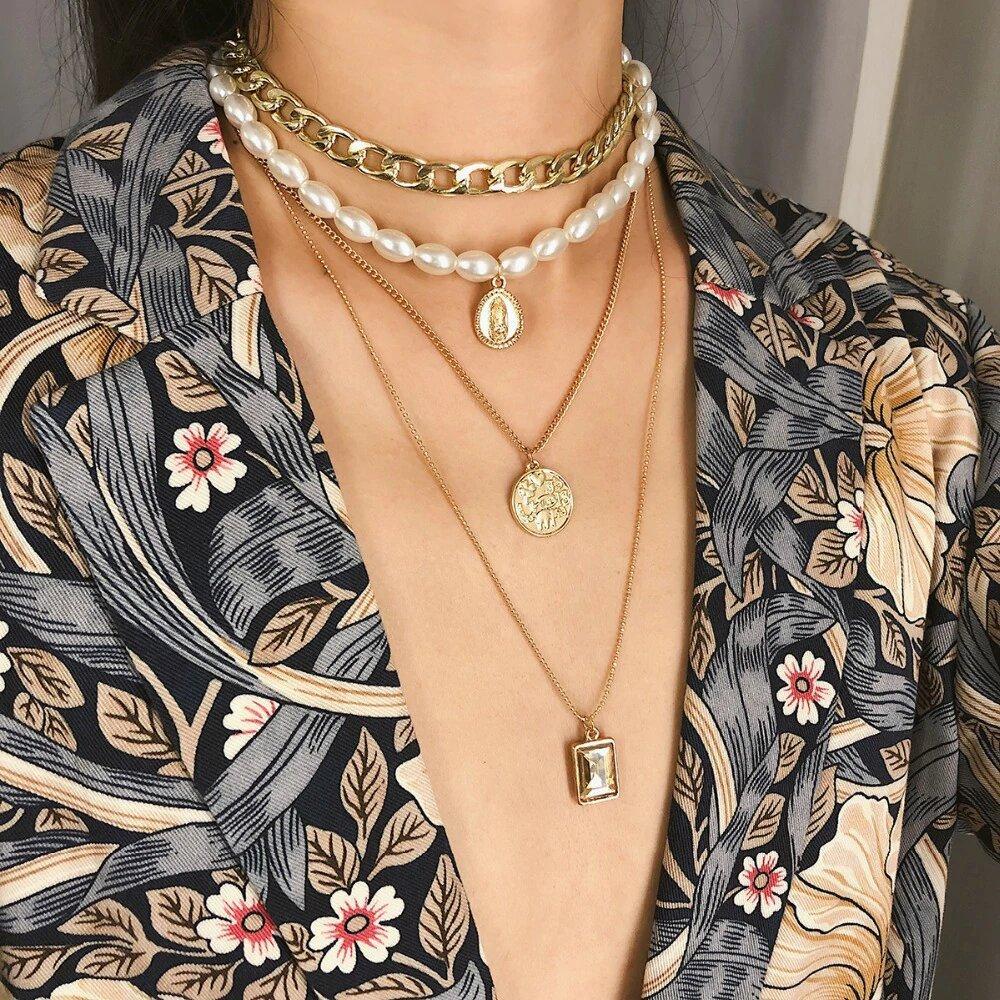 4 Piece Necklace Set: Choker, Pearl, Coin, Pendant   - ALILY