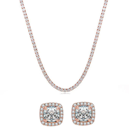 Tennis Necklace and Princess Halo Earring Set with Luxe Gift Box - 18K Rose Gold