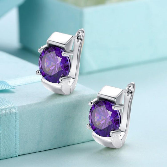 Simulated Amethyst Metallic Leverback Earrings Set in 18K White Gold - ALILY