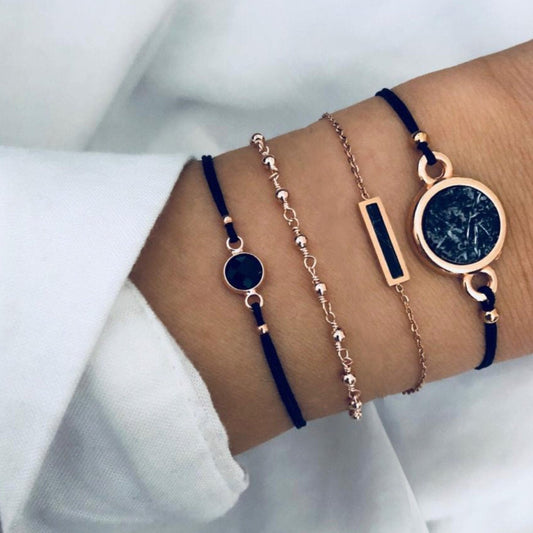 Black Lapis Marble Geometric 4 Piece Bracelet Set   - ALILY