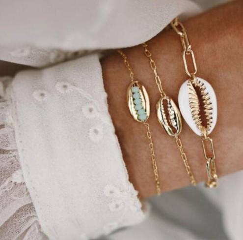Turquoise Sea-Shell 3 Piece Bracelet Set in 14K Gold   - ALILY